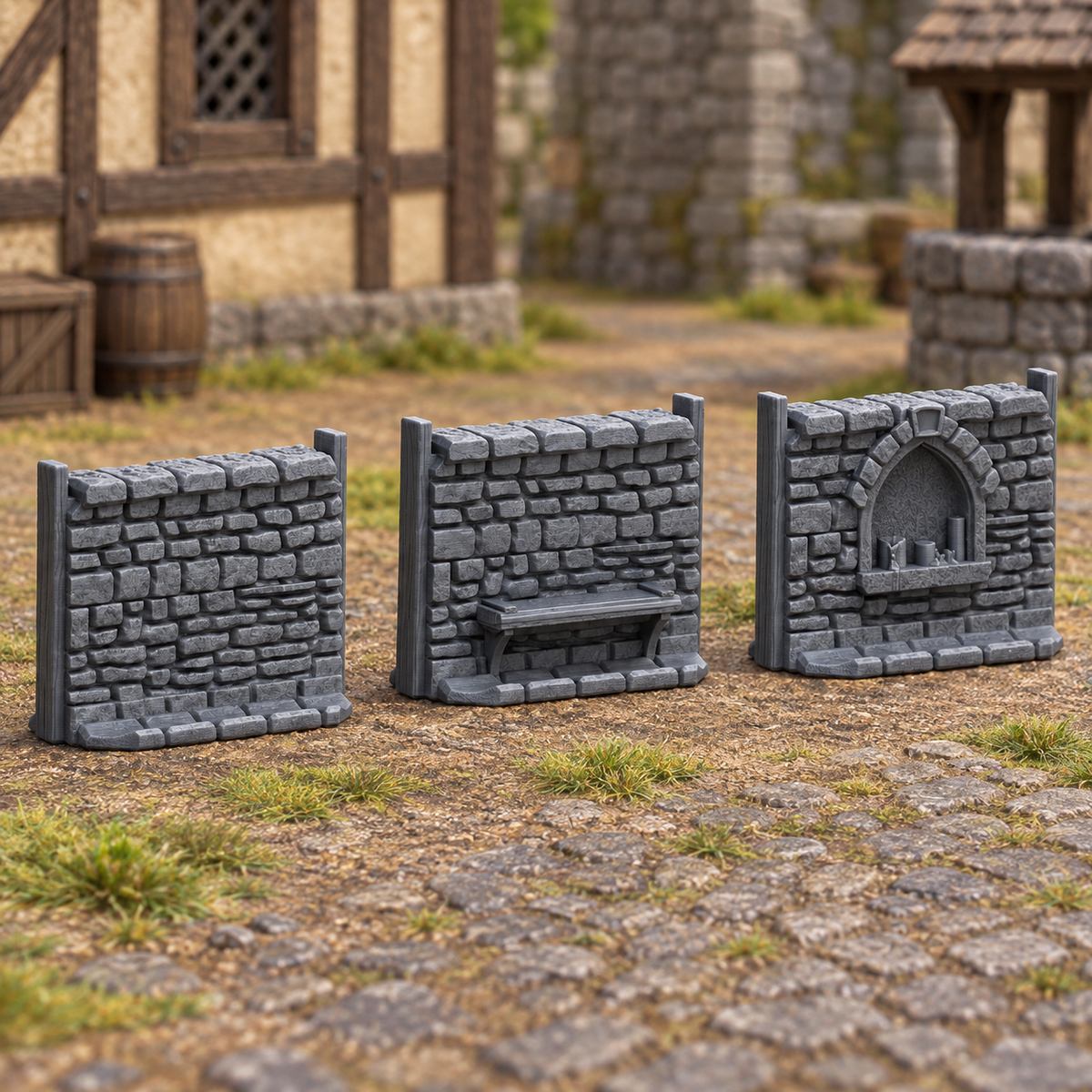 Stone Wall Set III shown in a 28mm fantasy tabletop scene, product supplied unpainted