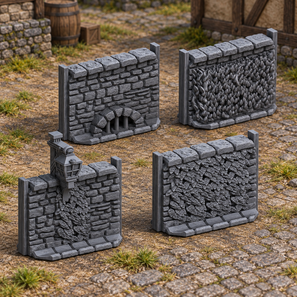 Stone Wall Set IV shown in a 28mm fantasy tabletop scene, product supplied unpainted