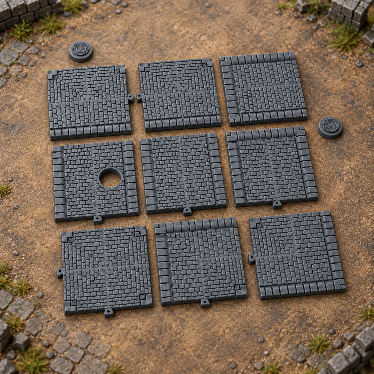 Modular Cobblestone Street Set shown in a 28mm fantasy tabletop scene, product supplied unpainted