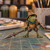 Slap-chop painted Frog Spearman reference on a hobby desk. Product is supplied grey and unpainted.