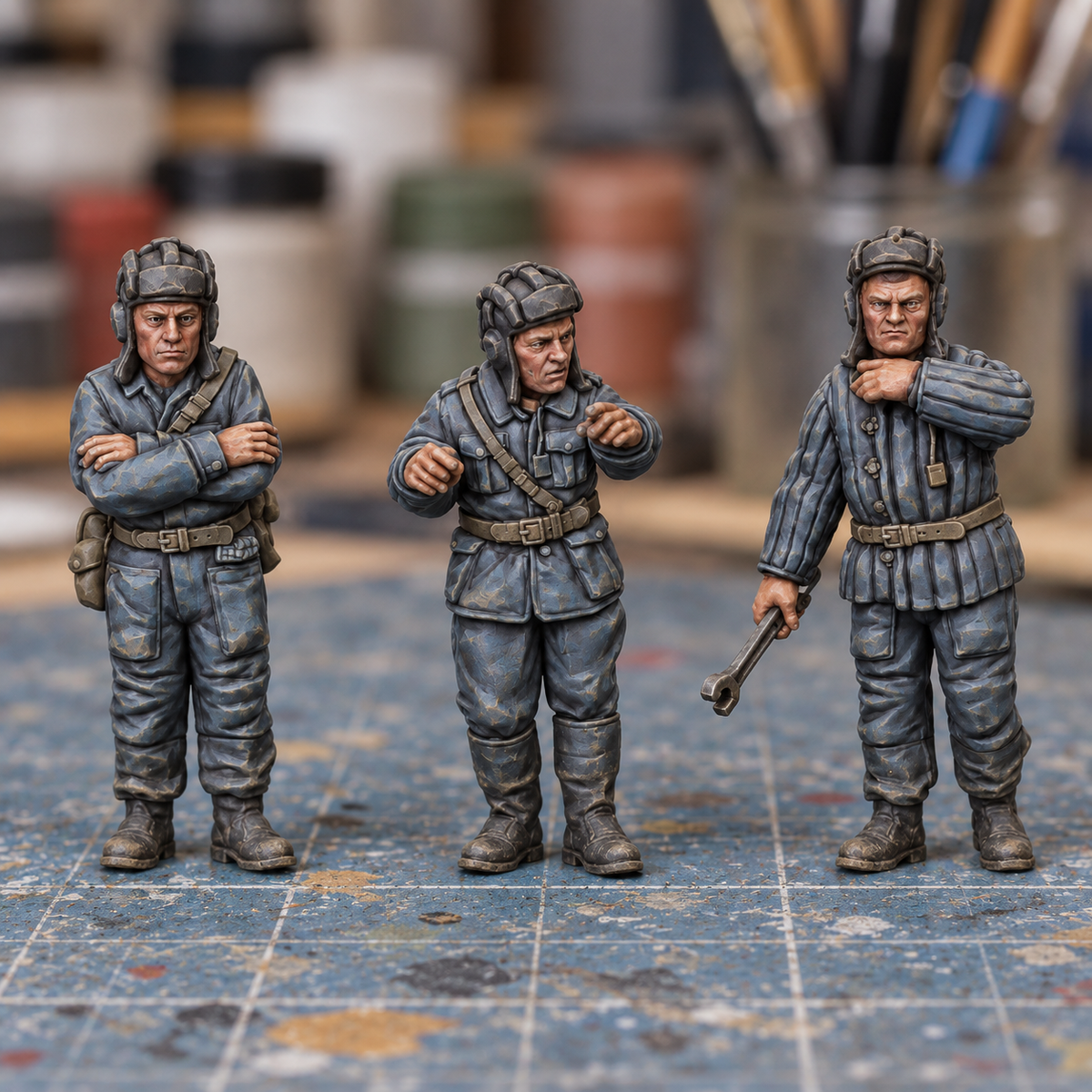 Rubble March Crew three-figure crew Slapchop-painted display example. Supplied unpainted. Background items not included.