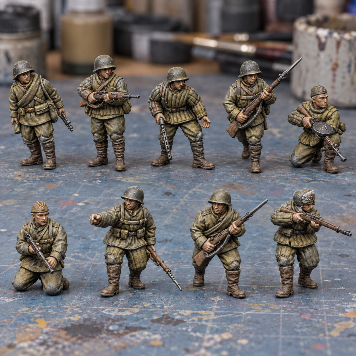 Rubble March Rifles Slapchop-painted display example. Supplied unpainted. Background items not included.