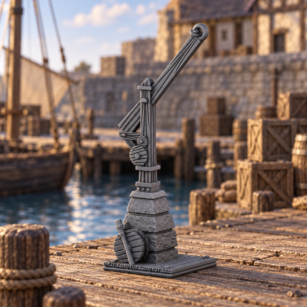 Supplementary product photo for Hoist Crane 28mm DND Scatter Terrain | Tabletop Wargaming Scenery for Warhammer, Frostgrave & RPG | Unpainted 3D Printed in unpainted charcoal grey PLA