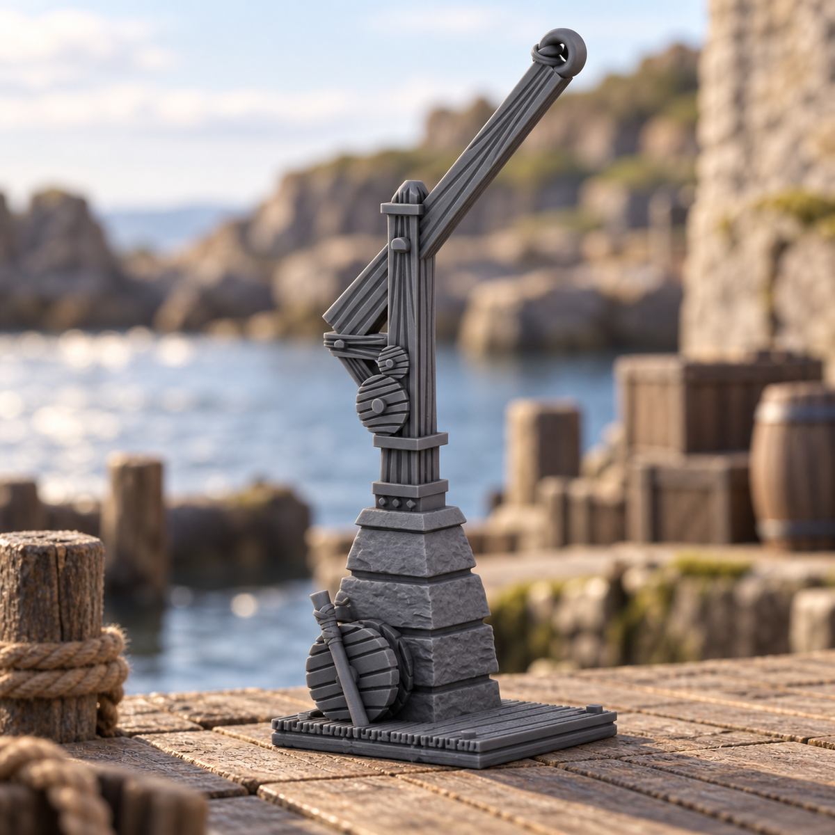 Supplementary product photo for Hoist Crane 28mm DND Scatter Terrain | Tabletop Wargaming Scenery for Warhammer, Frostgrave & RPG | Unpainted 3D Printed in unpainted charcoal grey PLA