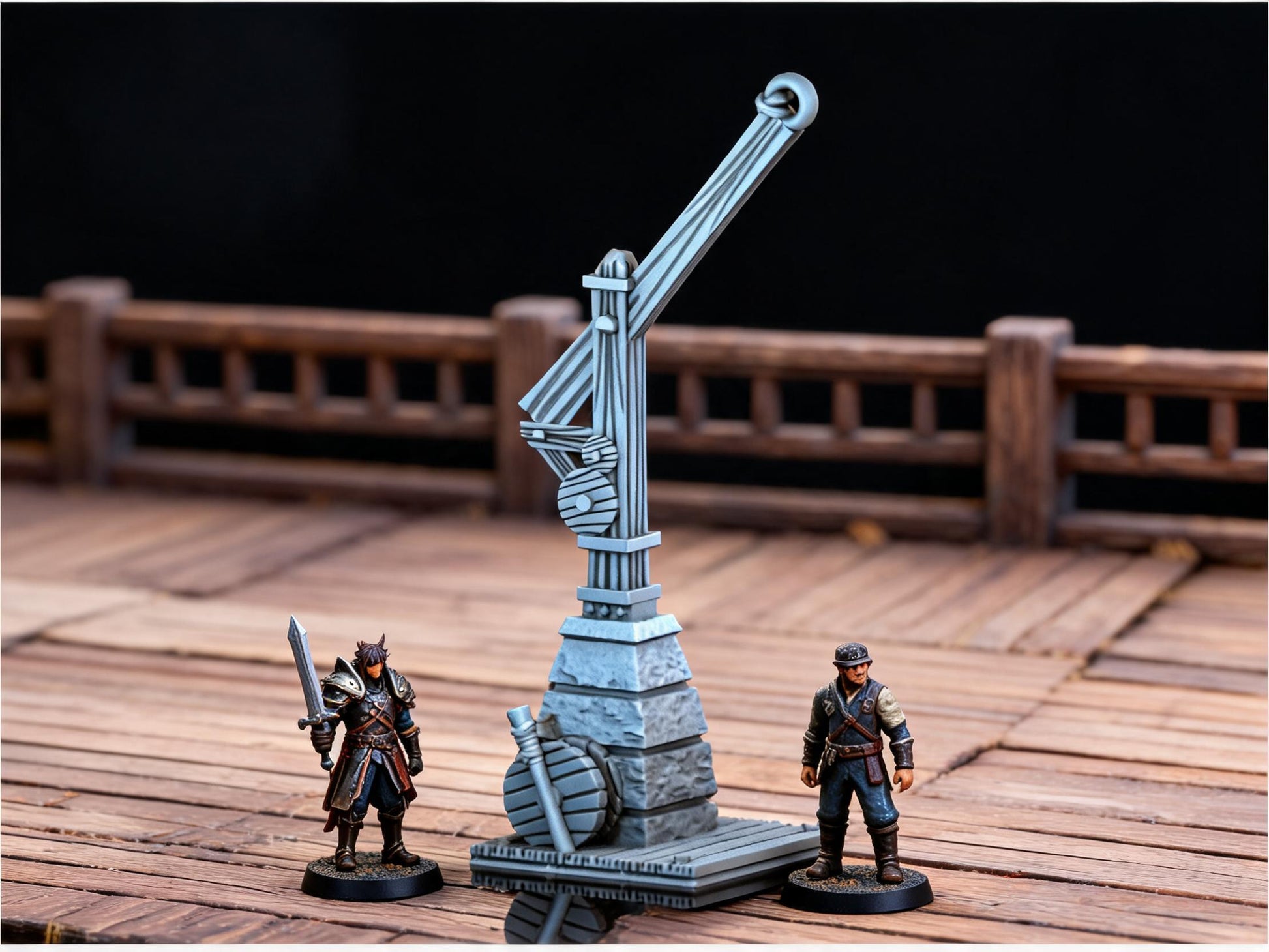 Unpainted Hoist Crane 28mm terrain with scale miniatures shown for context; miniatures not included