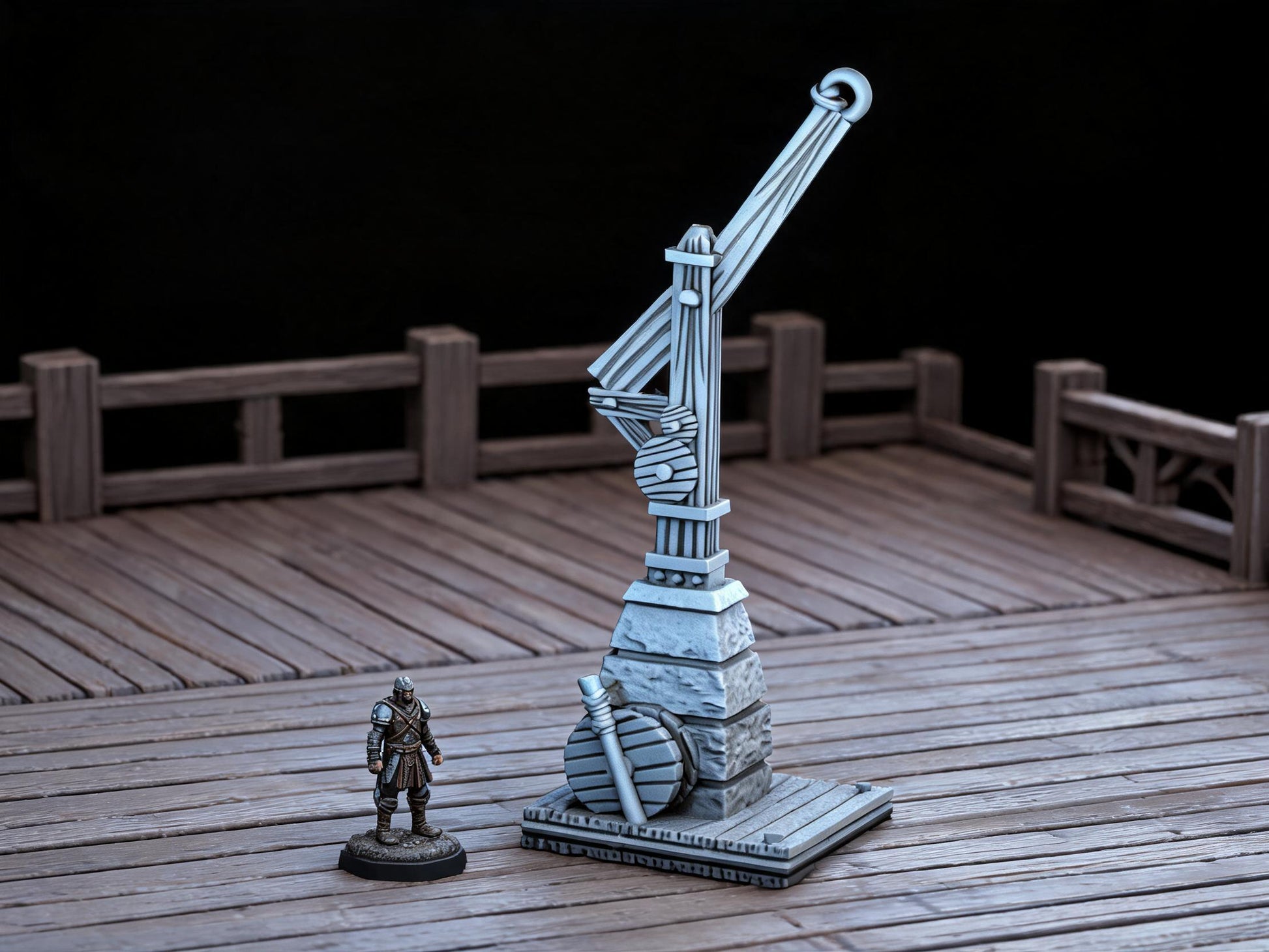 Unpainted Hoist Crane 28mm terrain with scale miniatures shown for context; miniatures not included