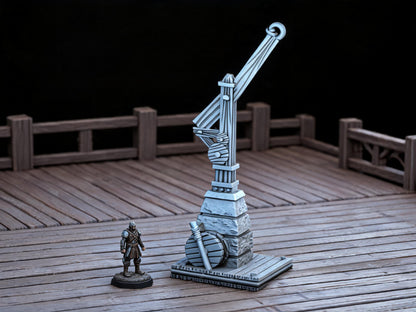 Unpainted Hoist Crane 28mm terrain with scale miniatures shown for context; miniatures not included