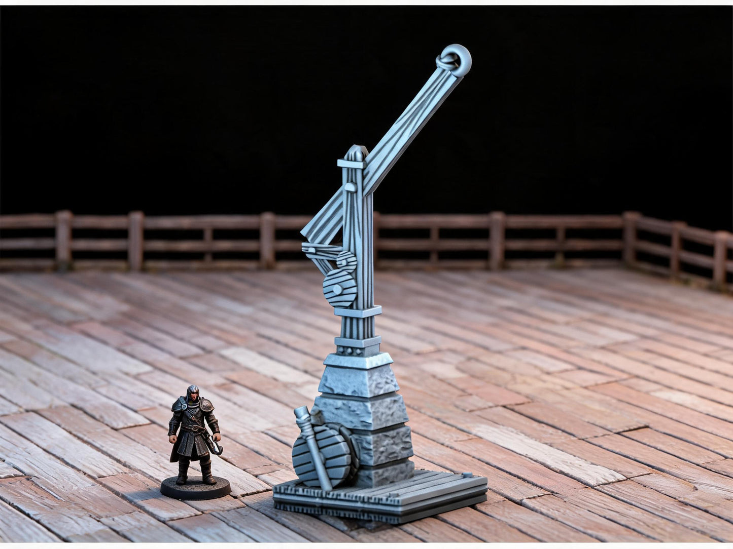 Unpainted Hoist Crane 28mm terrain with scale miniatures shown for context; miniatures not included