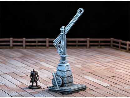 Unpainted Hoist Crane 28mm terrain with scale miniatures shown for context; miniatures not included
