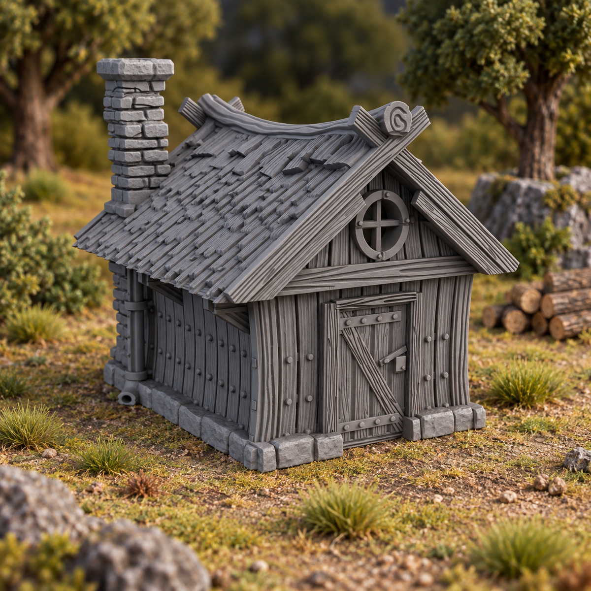 Supplementary product photo for Hunters Cabin 28mm DND Terrain | Tabletop Wargaming Scenery for Warhammer, Frostgrave & RPG | Unpainted 3D Printed in unpainted charcoal grey PLA