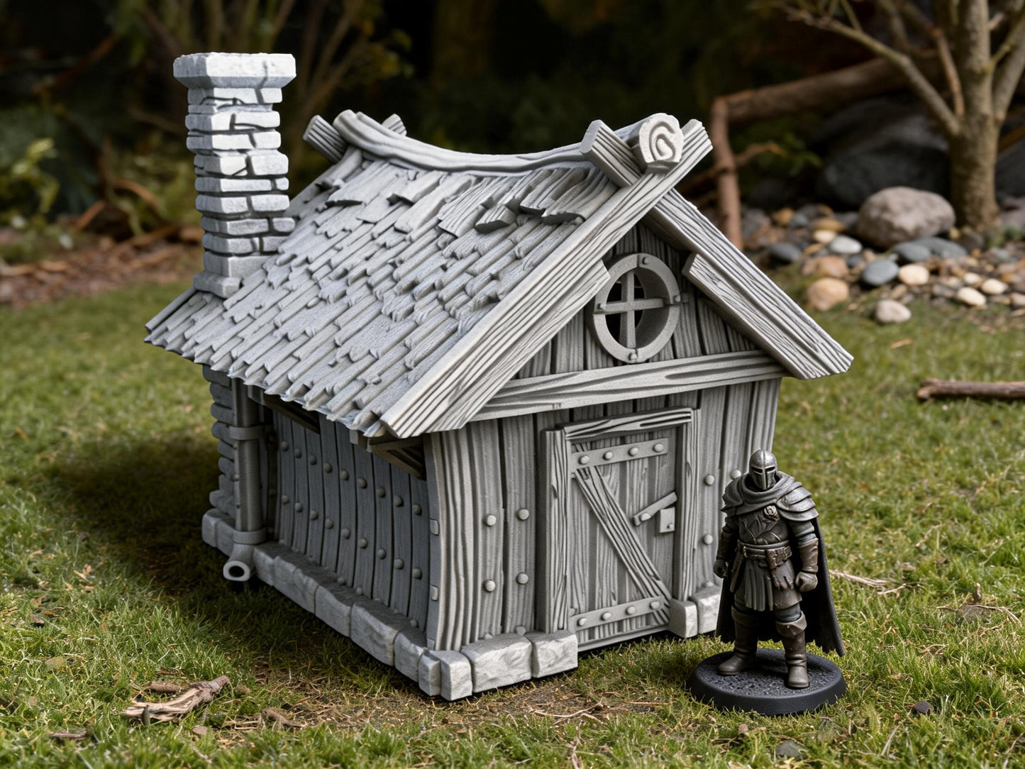 Unpainted Hunters Cabin 28mm terrain with scale miniatures shown for context; miniatures not included