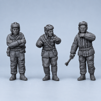 Rubble March Crew three unpainted resin crew miniatures, clean grey identity image.