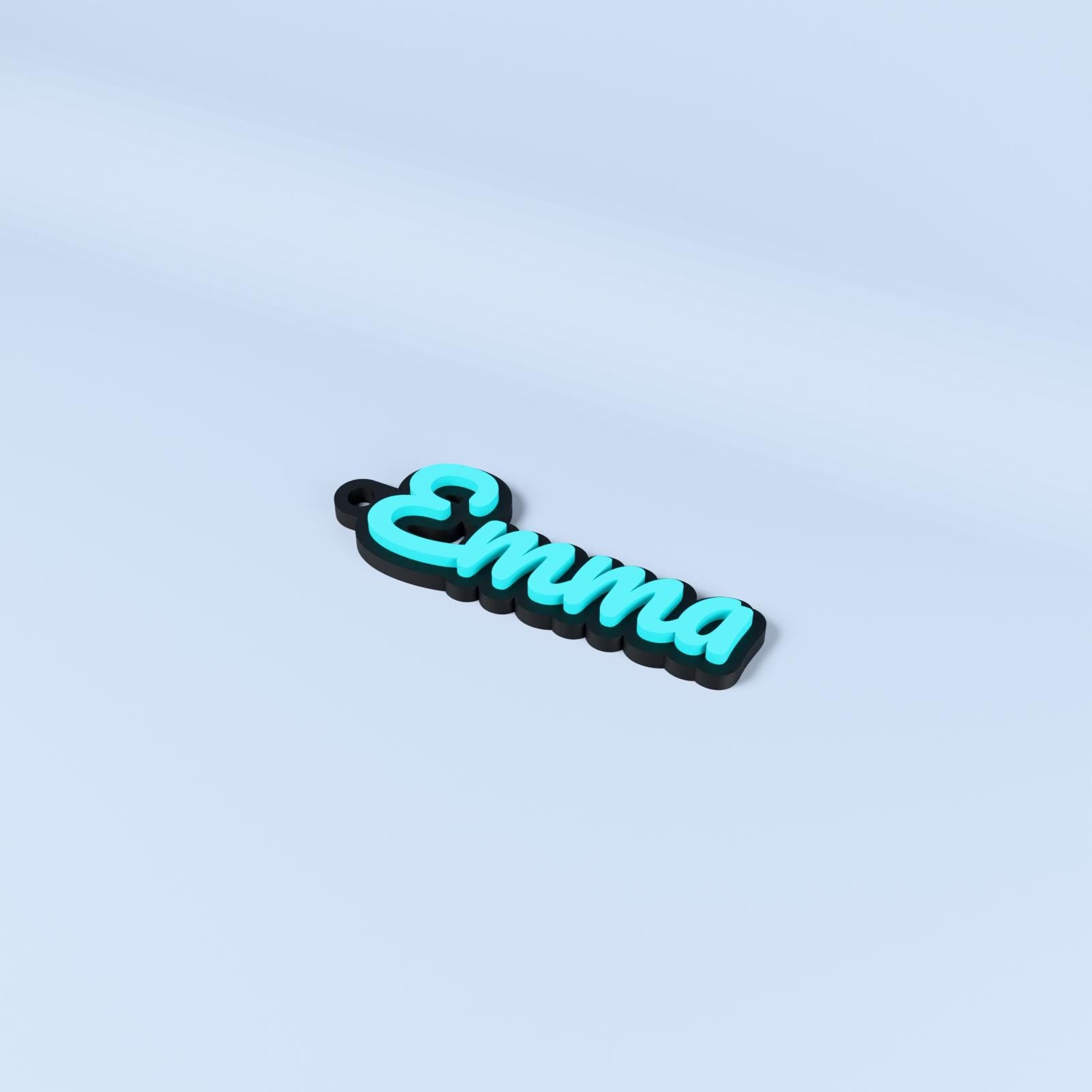 Emma personalised name keyring in Pacifico font with turquoise raised text on a black base.