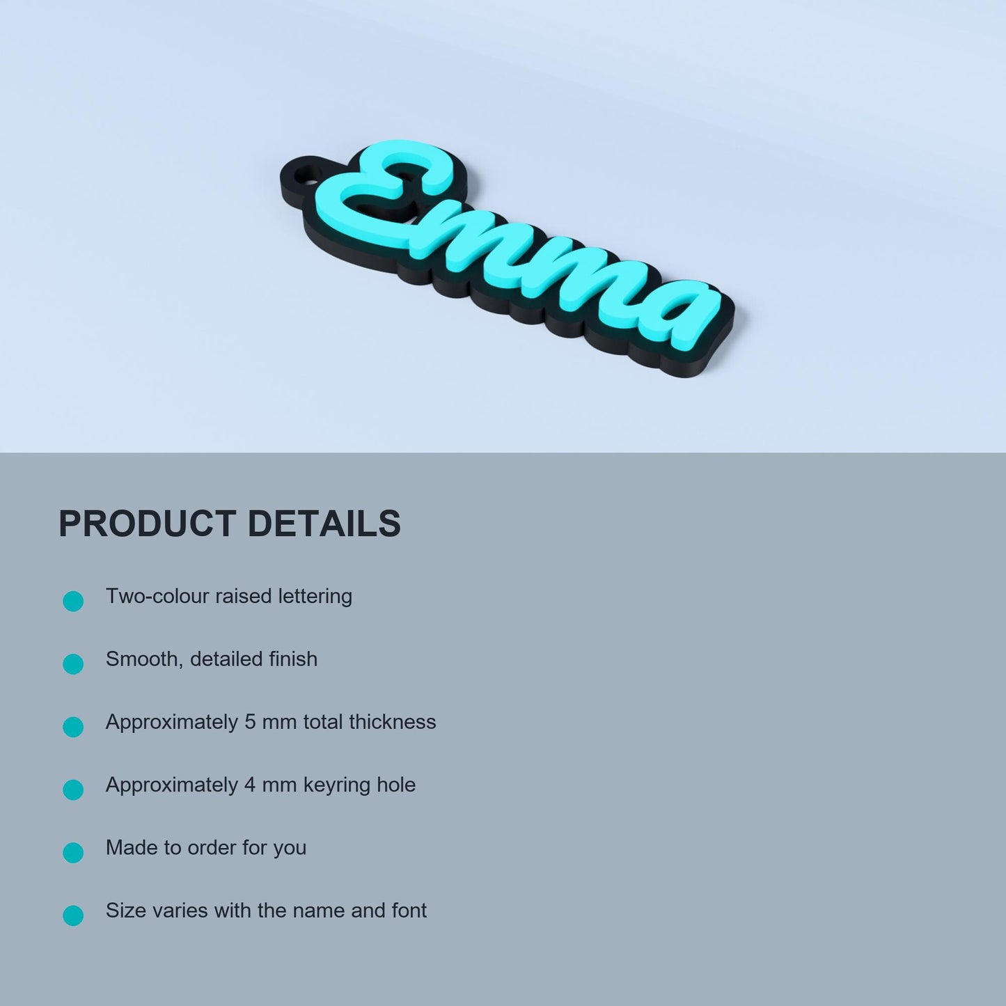 Product details for the two-colour personalised PLA name keyring, including thickness, keyring hole and print layer height.