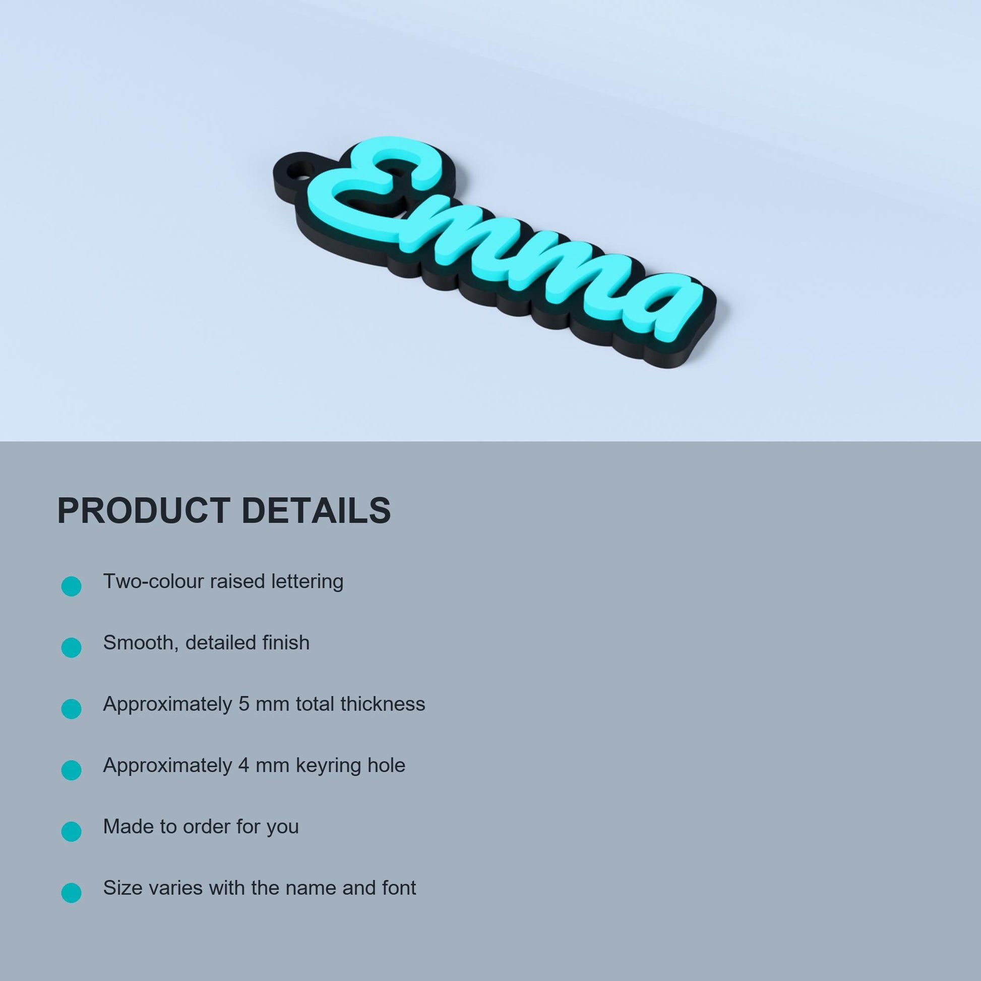 Product details for the two-colour personalised PLA name keyring, including thickness, keyring hole and print layer height.