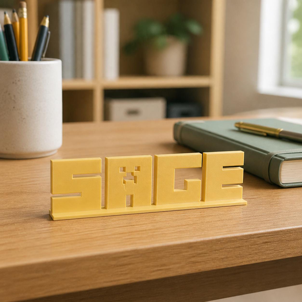 Sage block letter personalised nameplate displayed on a teacher's desk.