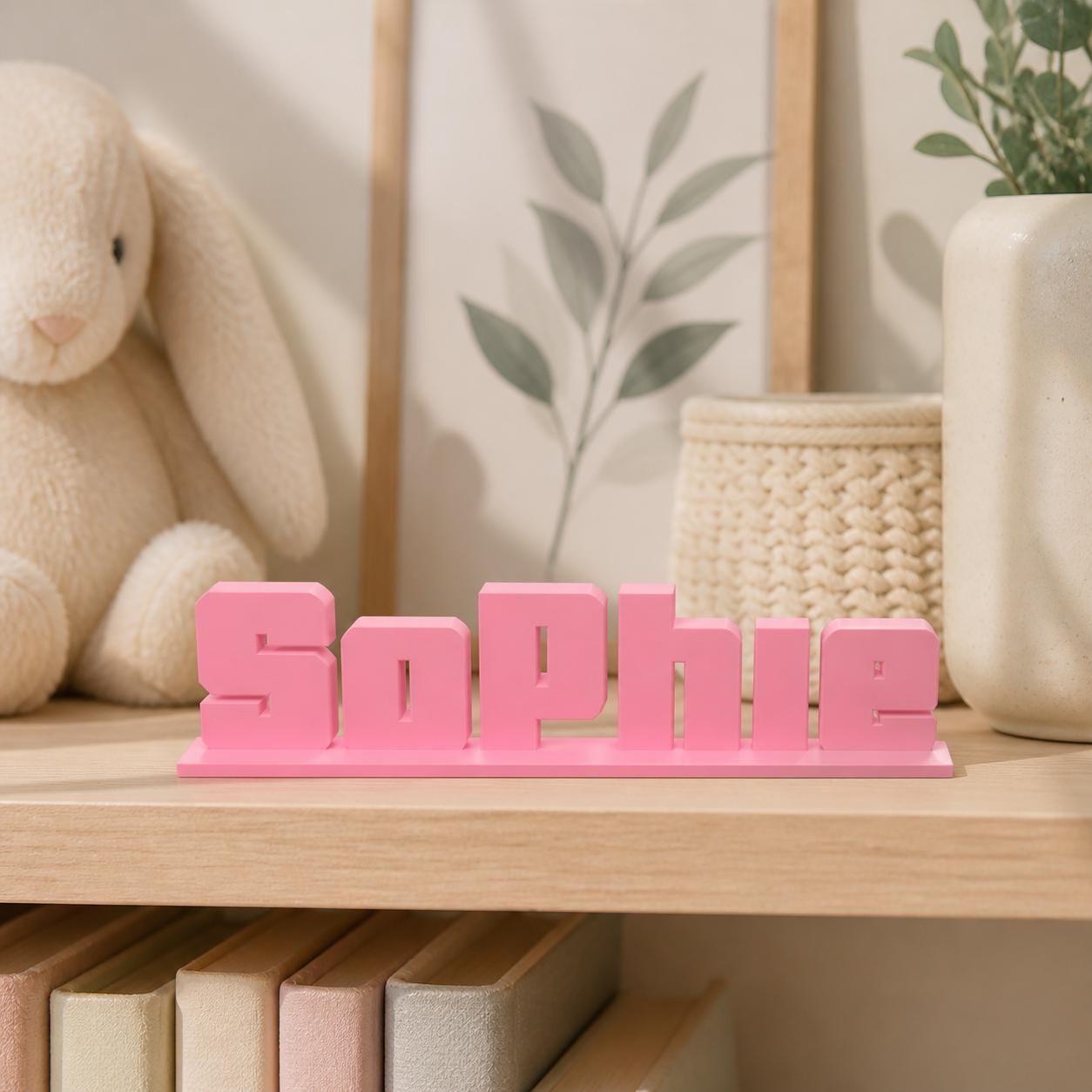Sophie bold arcade personalised nameplate displayed on a warm neutral nursery shelf.