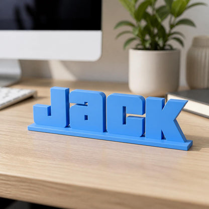 Jack bold arcade personalised nameplate displayed on a modern home-office desk.
