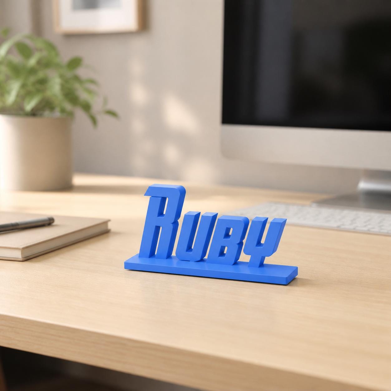 Ruby heroic angular personalised nameplate displayed on a modern home-office desk.