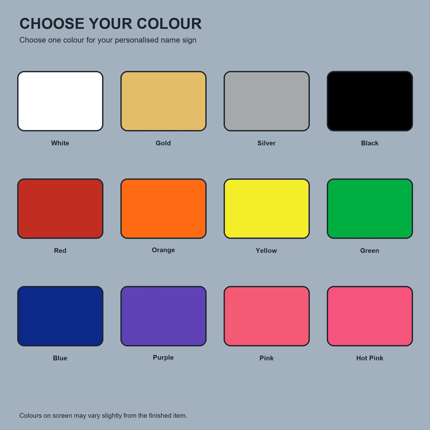 Chart showing the 12 available PLA colours: White, Gold, Silver, Black, Red, Orange, Yellow, Green, Blue, Purple, Pink and Hot Pink.