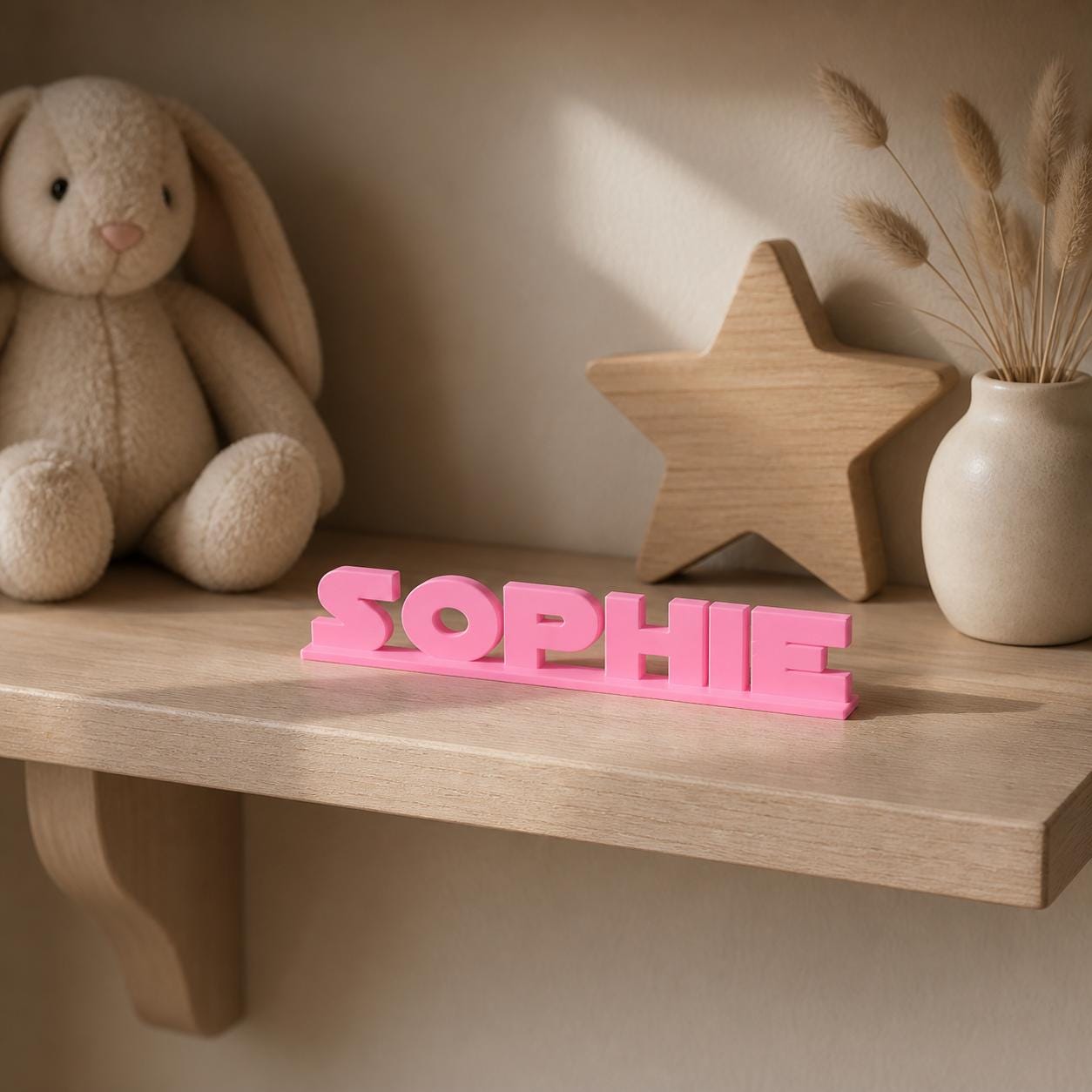 Sophie geometric space personalised nameplate displayed on a warm neutral nursery shelf.