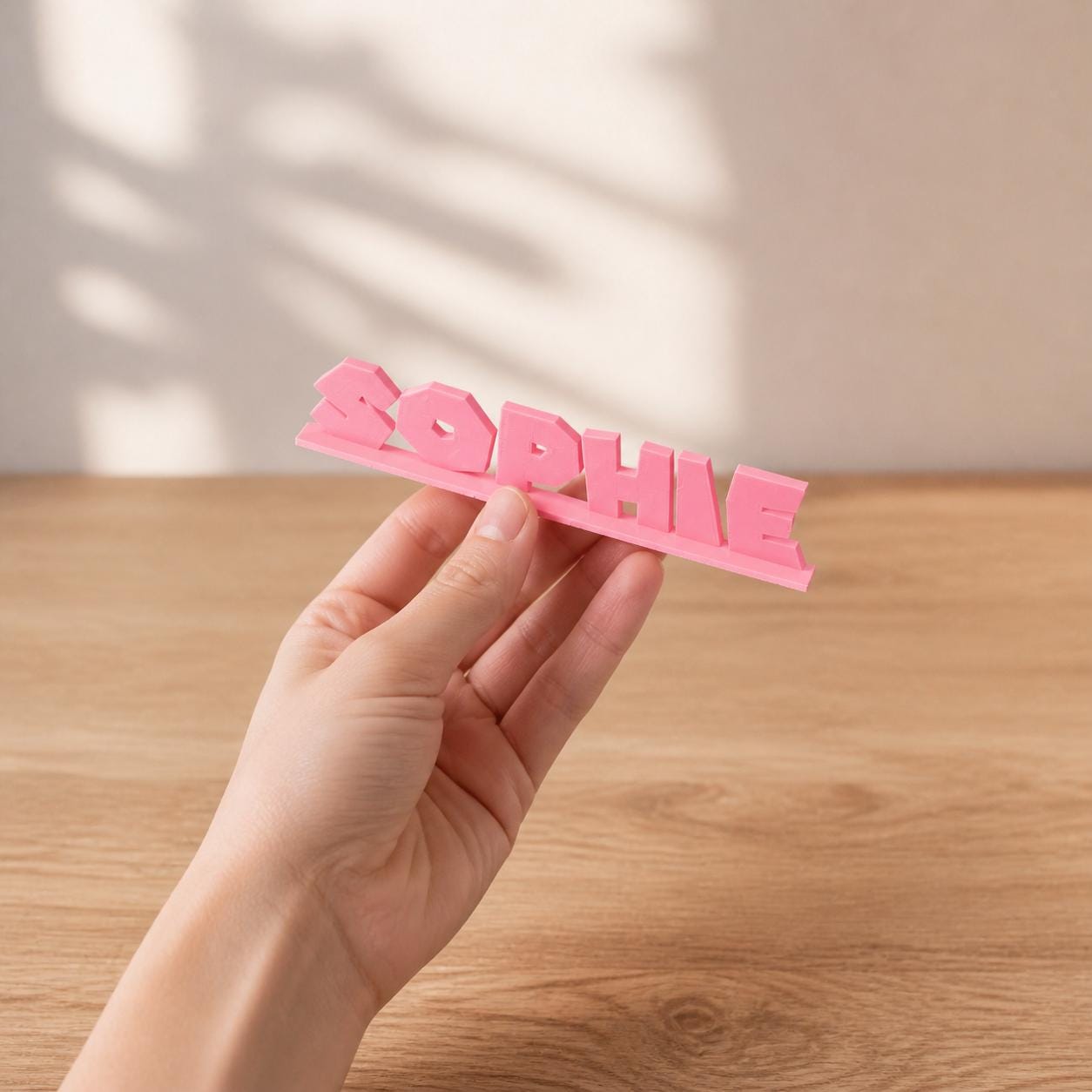 Sophie platform adventure personalised nameplate held in an adult hand to demonstrate scale.