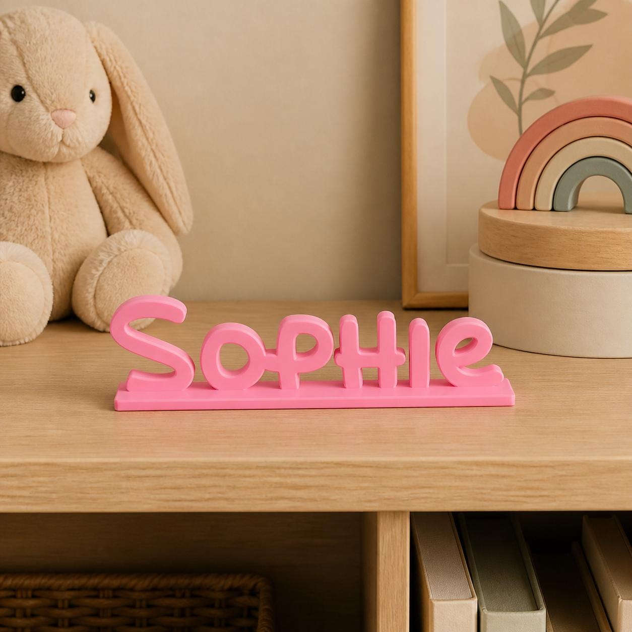Sophie cartoon style personalised nameplate displayed on a warm neutral nursery shelf.