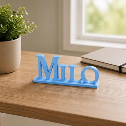 Milo epic fantasy personalised nameplate displayed on a modern home-office desk.