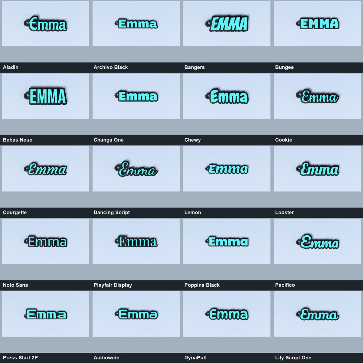 Guide comparing the name Emma in all 20 available font styles.