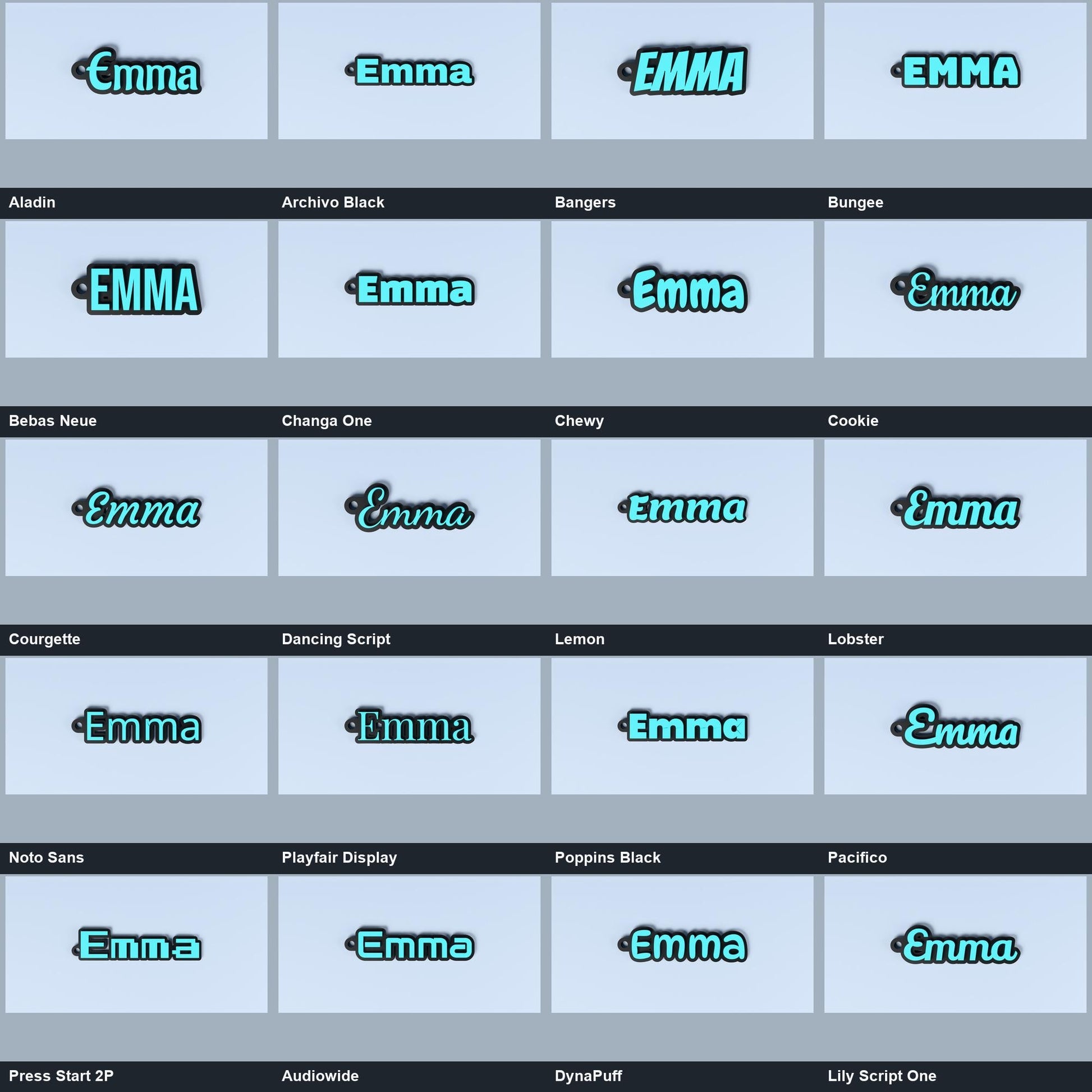 Guide comparing the name Emma in all 20 available font styles.