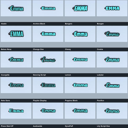 Guide comparing the name Emma in all 20 available font styles.