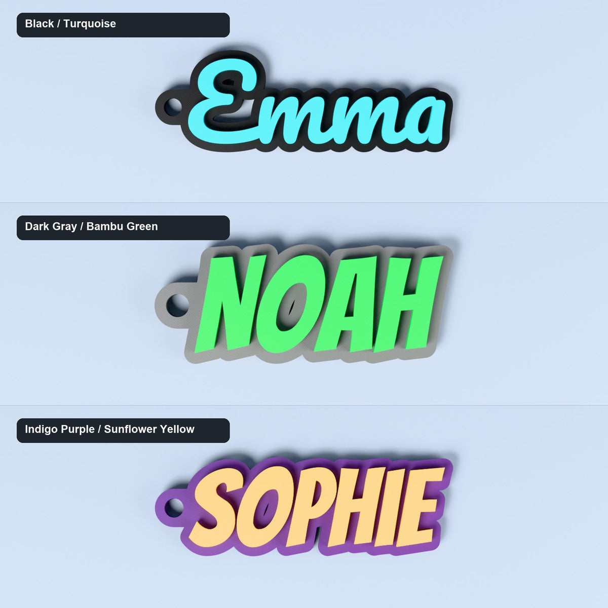 Overhead comparison of the three available two-colour name-keyring combinations.