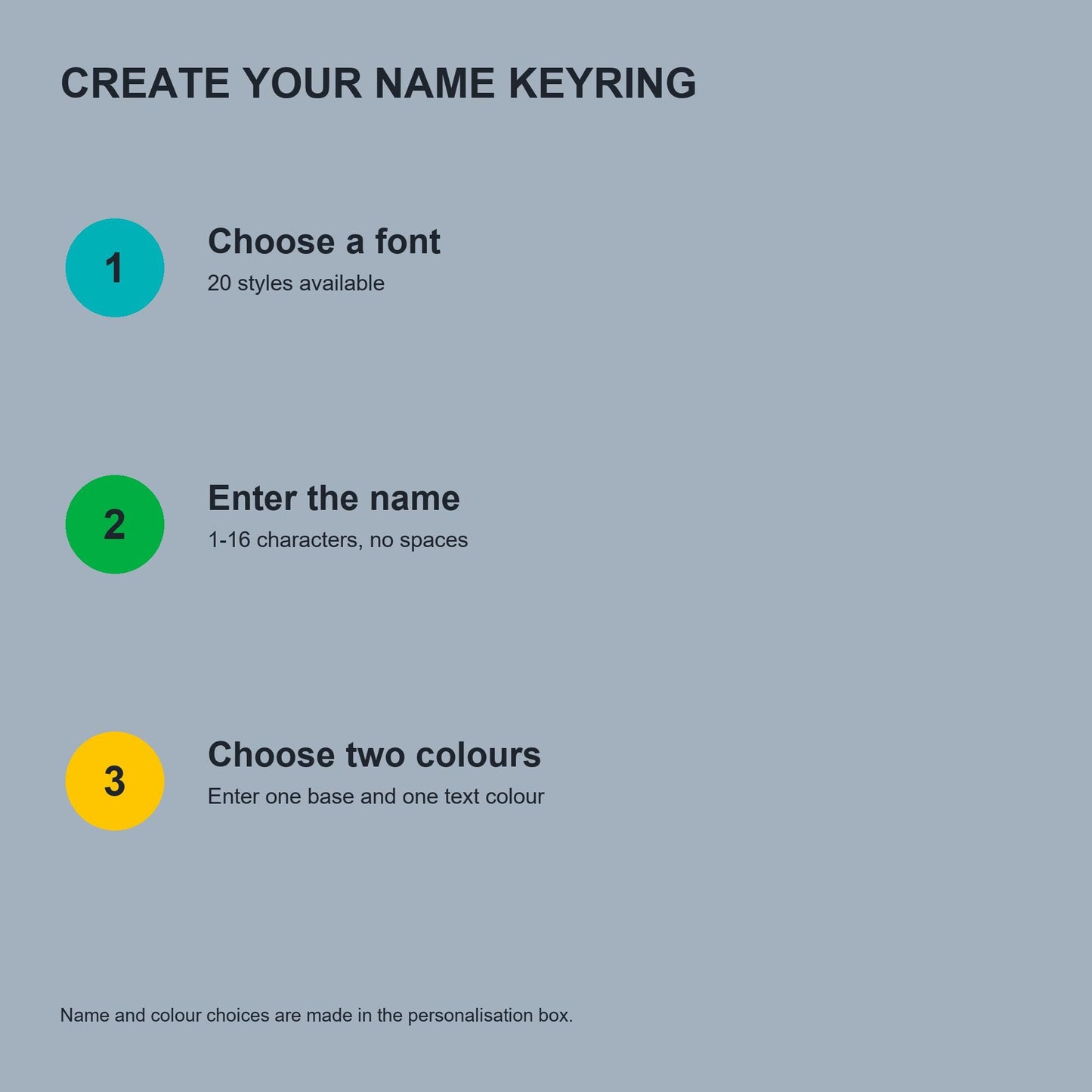 Ordering guide: choose a font, enter a name of 1 to 16 characters without spaces, then choose a base colour and text colour.