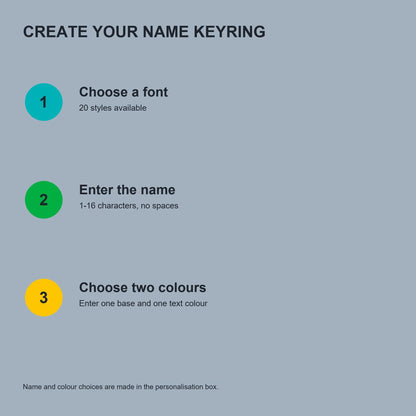 Ordering guide: choose a font, enter a name of 1 to 16 characters without spaces, then choose a base colour and text colour.