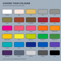 Chart showing all 30 supported Bambu Lab PLA Basic colours available for the keyring base and raised text.
