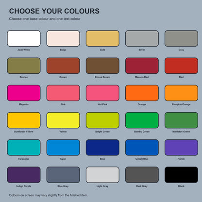 Chart showing all 30 supported Bambu Lab PLA Basic colours available for the keyring base and raised text.