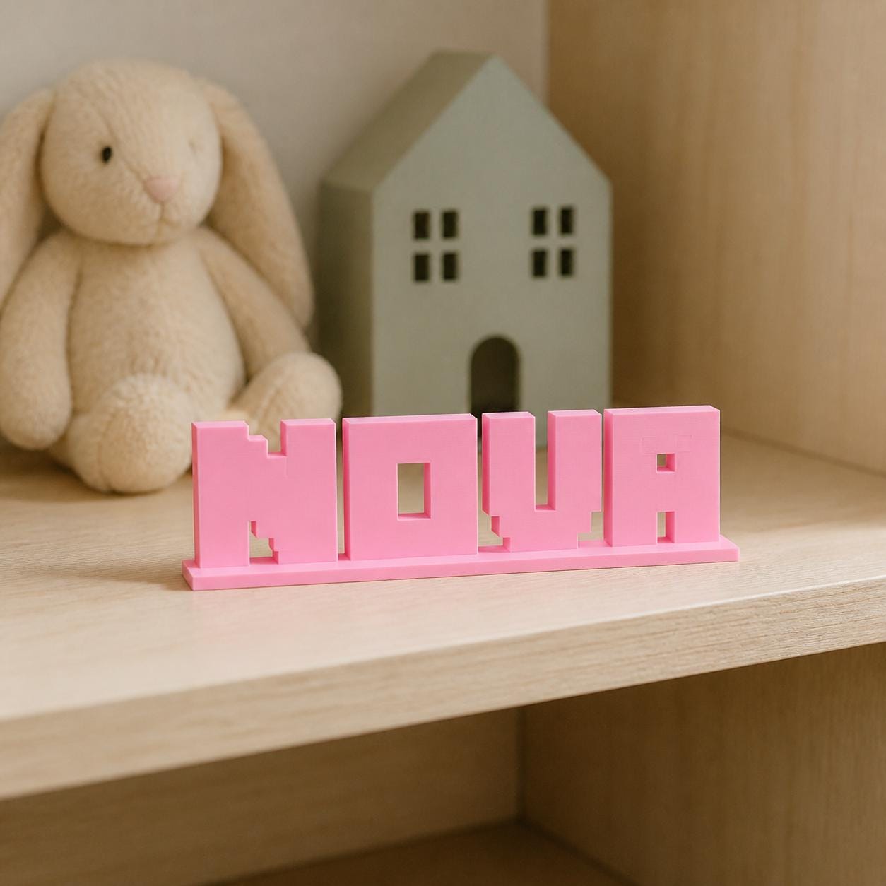 Nova block letter personalised nameplate displayed on a warm neutral nursery shelf.