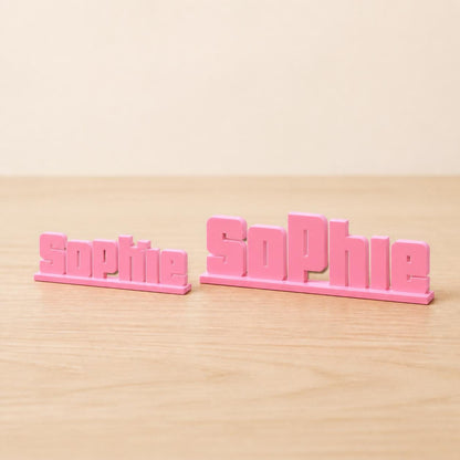 Small and Large Sophie bold arcade personalised nameplates shown together for size comparison.