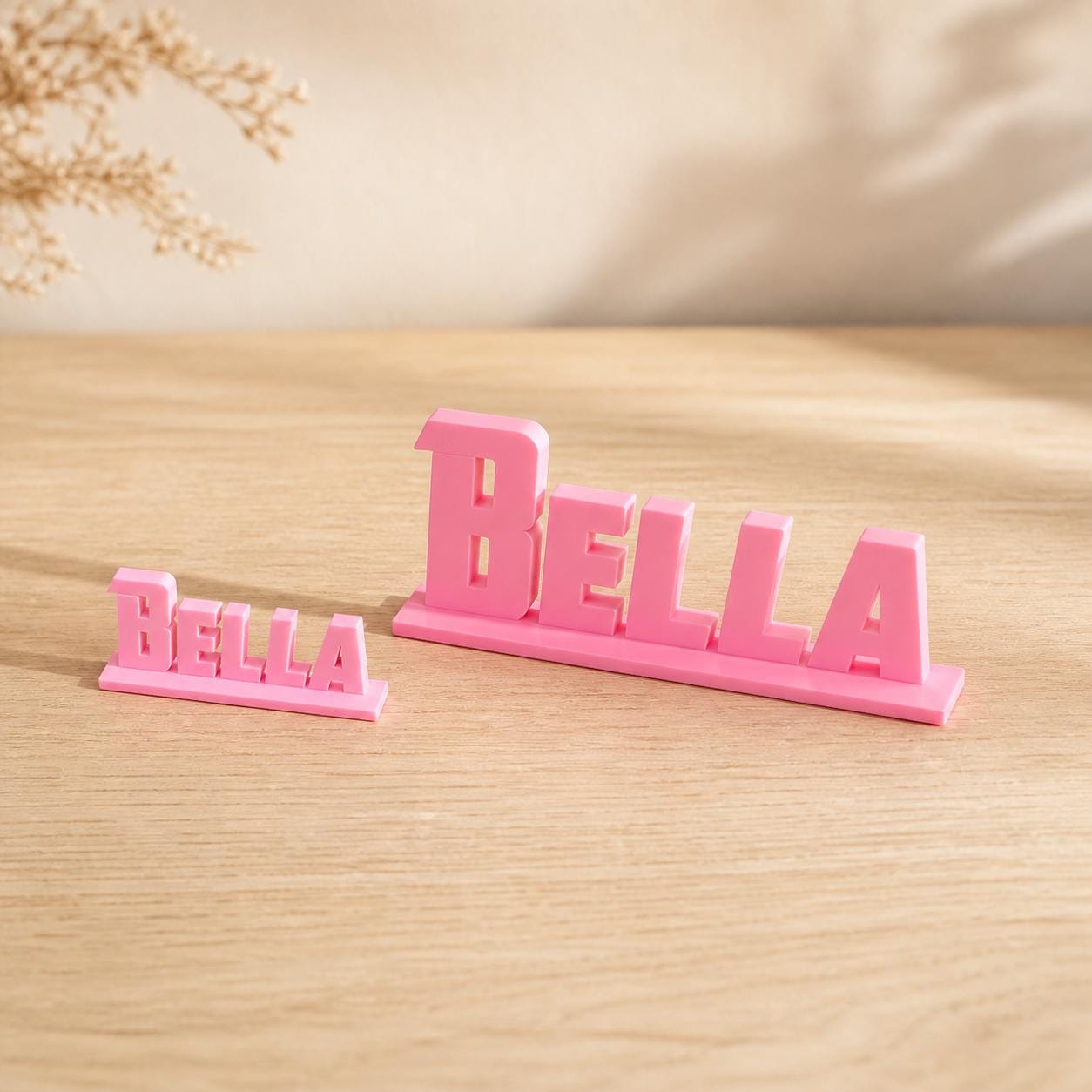 Small and Large Bella heroic angular personalised nameplates shown together for size comparison.