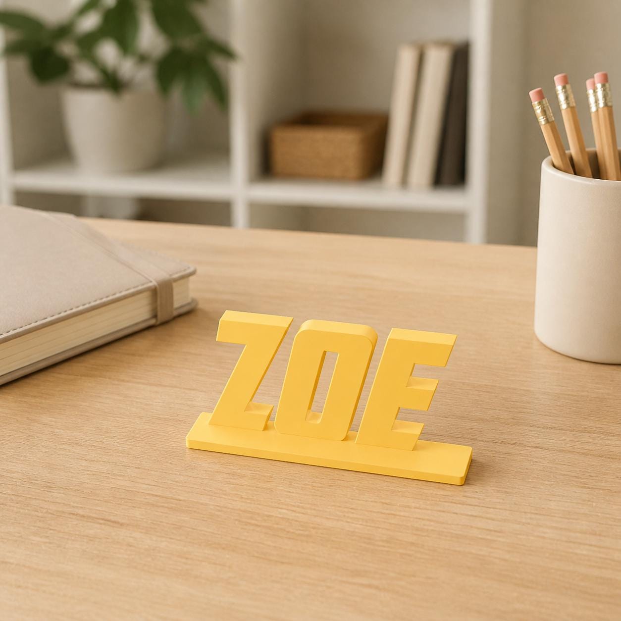 Zoe heroic angular personalised nameplate displayed on a teacher's desk.