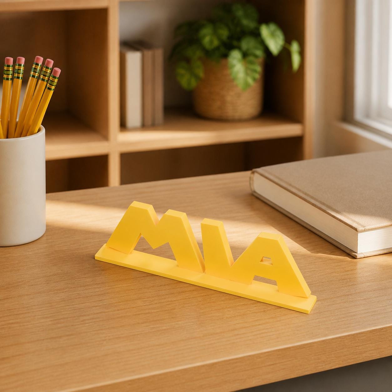 Mia platform adventure personalised nameplate displayed on a teacher's desk.