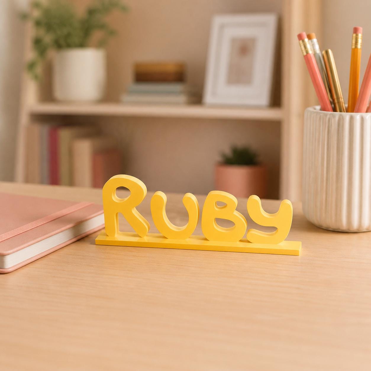 Ruby cartoon style personalised nameplate displayed on a teacher's desk.