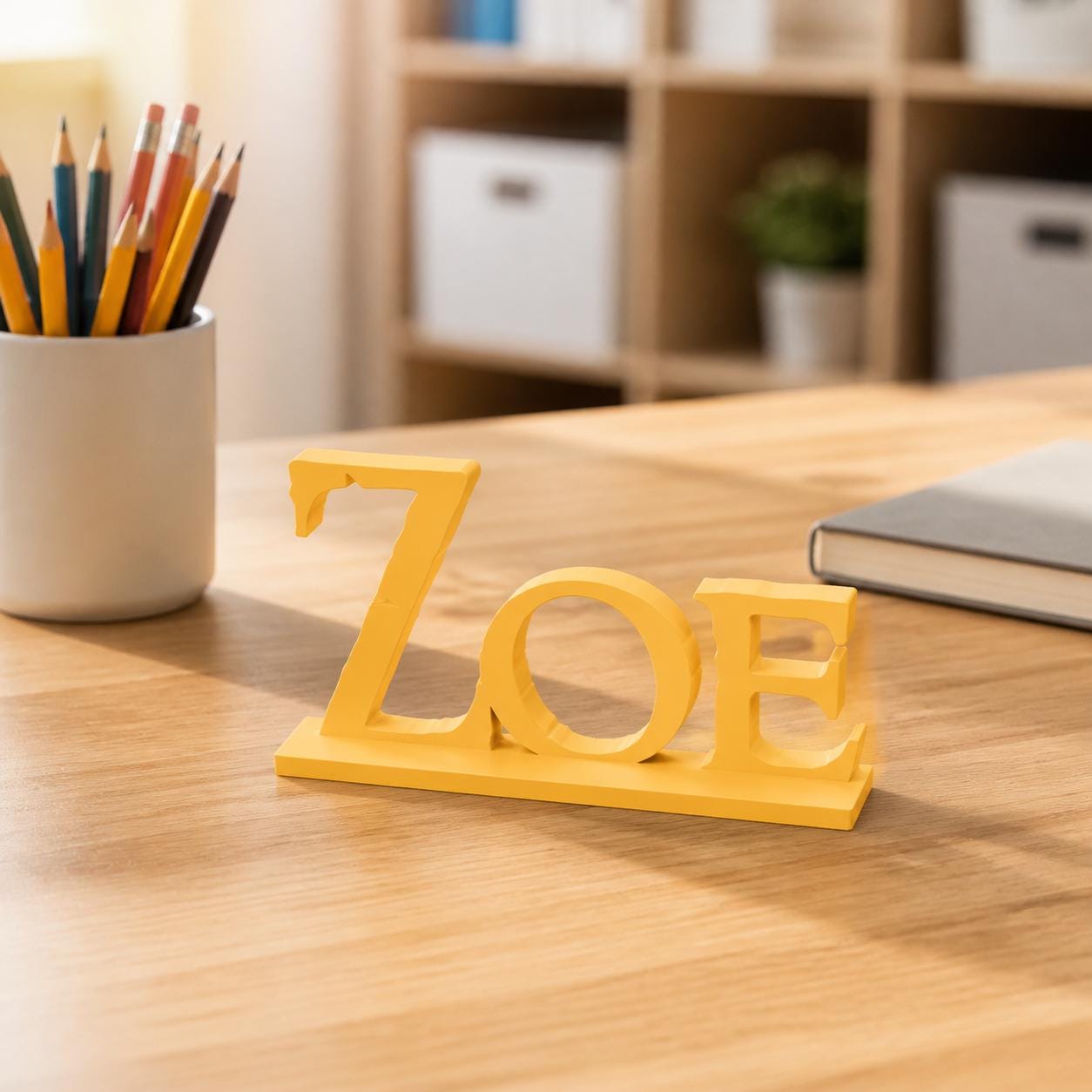 Zoe epic fantasy personalised nameplate displayed on a teacher's desk.