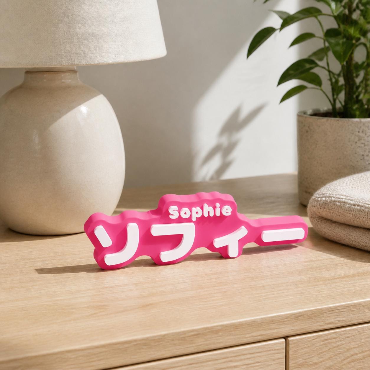 Virtual lifestyle scene of the magenta and white Sophie and ソフィー personalised nameplate standing on a pale wood bedroom dresser.