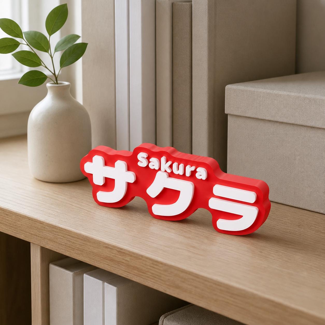 Virtual lifestyle scene of the red and white Sakura and サクラ personalised nameplate standing on a light oak bedroom bookshelf.