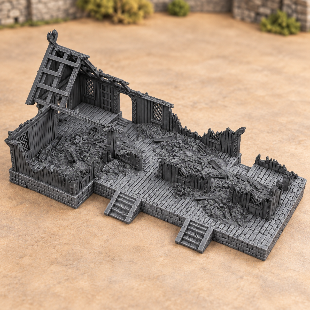 Supplementary product photo for Inn House Ruin - 28mm Tabletop Terrain for Epic Adventures in unpainted charcoal grey PLA