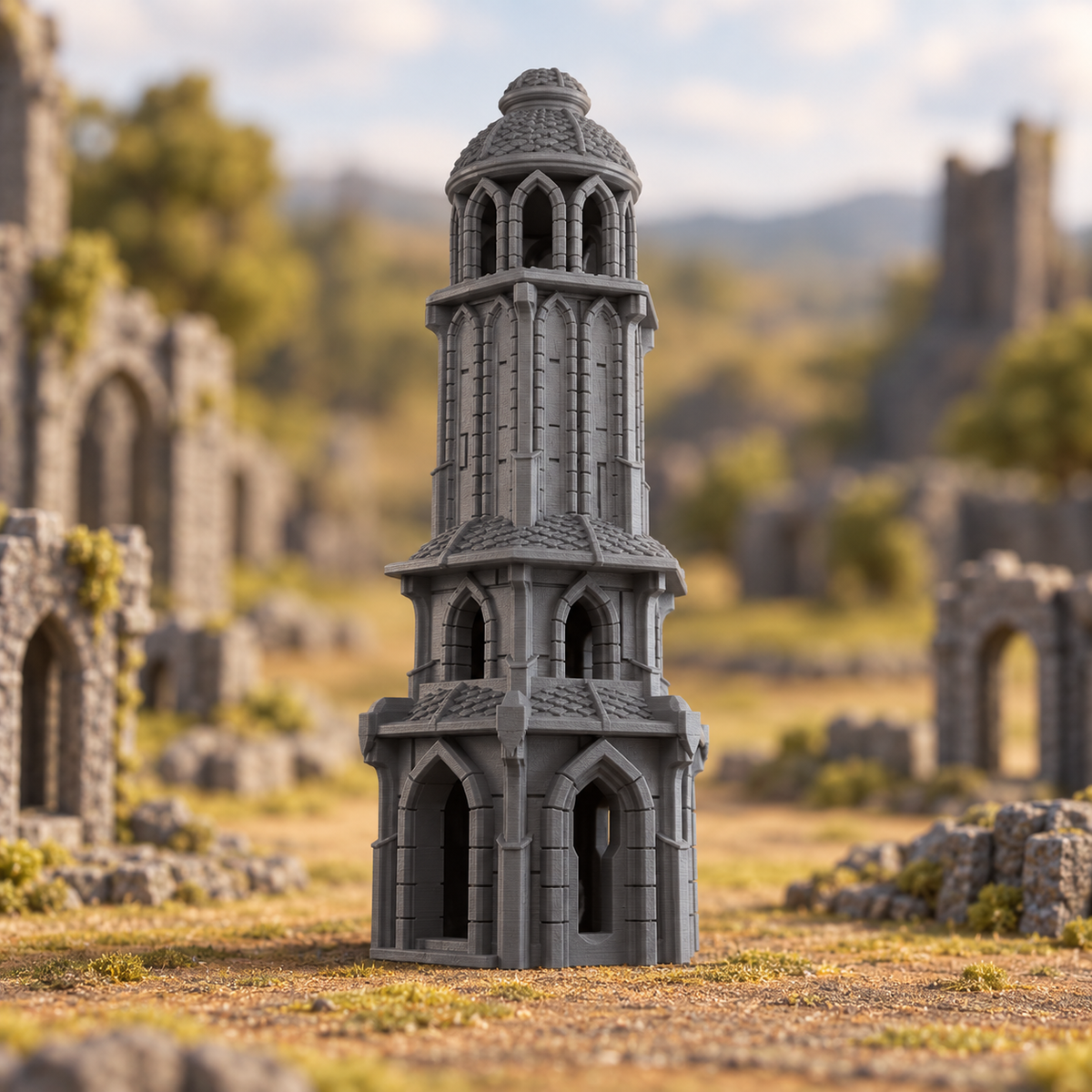 Supplementary product photo for Lost City Tower 28mm DND Terrain Set 1 | Tabletop Wargaming Ruins for Warhammer, Frostgrave & RPG | 3D Printed in unpainted charcoal grey PLA