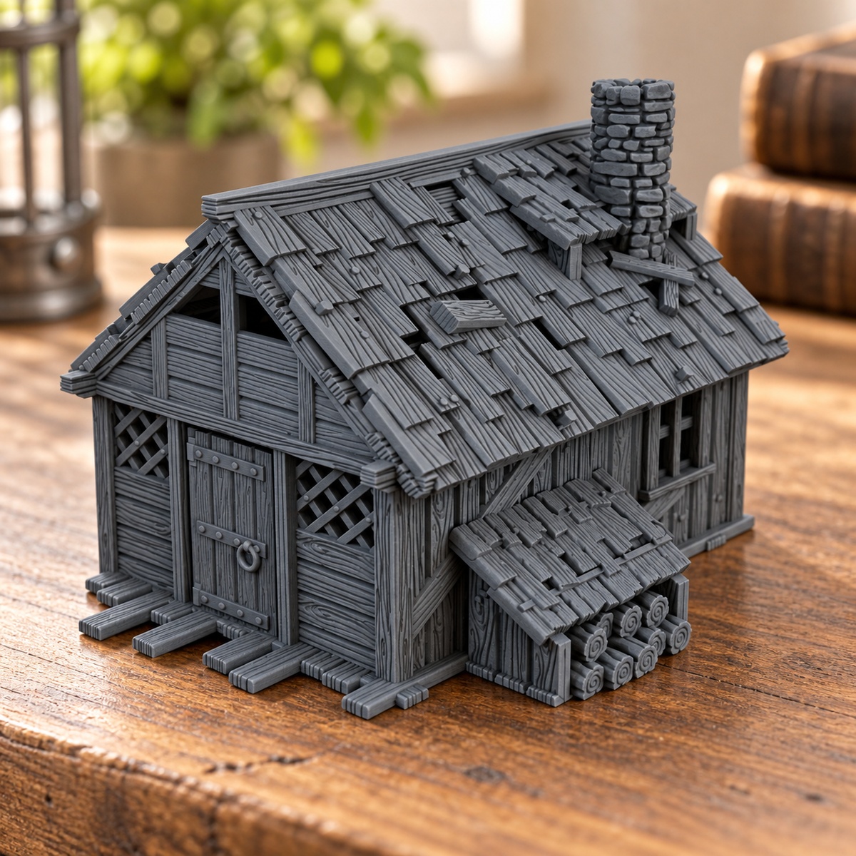 Supplementary product photo for Lumberjack House 28mm DND Terrain | Tabletop Wargaming Scenery for Warhammer, Frostgrave & RPG | Unpainted 3D Printed in unpainted charcoal grey PLA