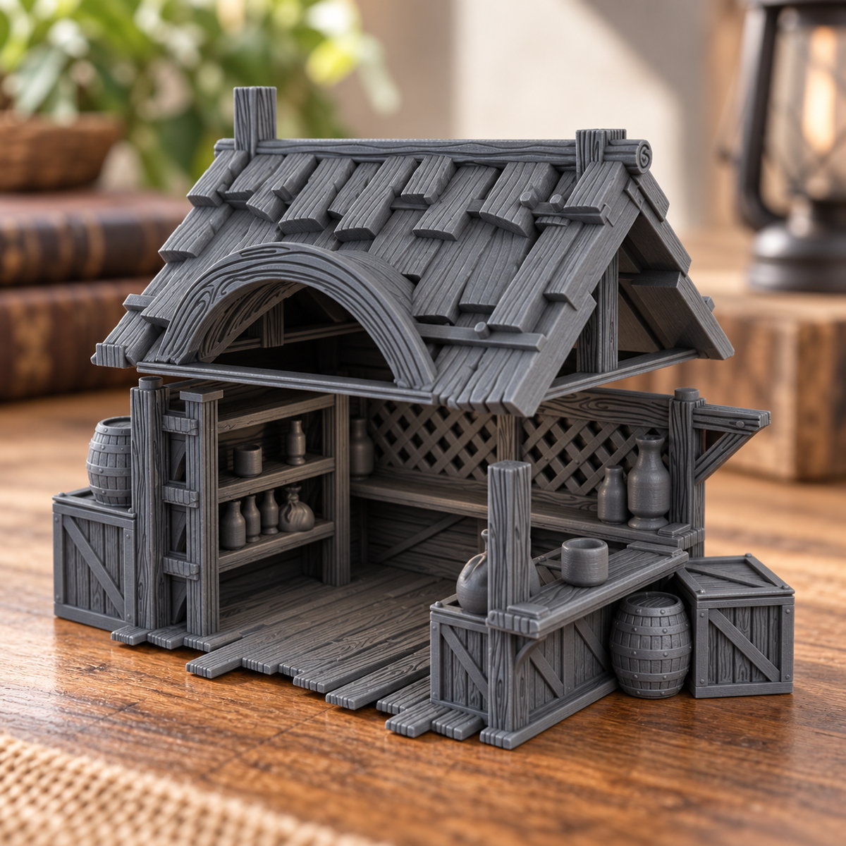 Supplementary product photo for Market Stall 28mm DND Scatter Terrain | Tabletop Wargaming Scenery for Warhammer, Frostgrave & RPG | Unpainted 3D Printed in unpainted charcoal grey PLA