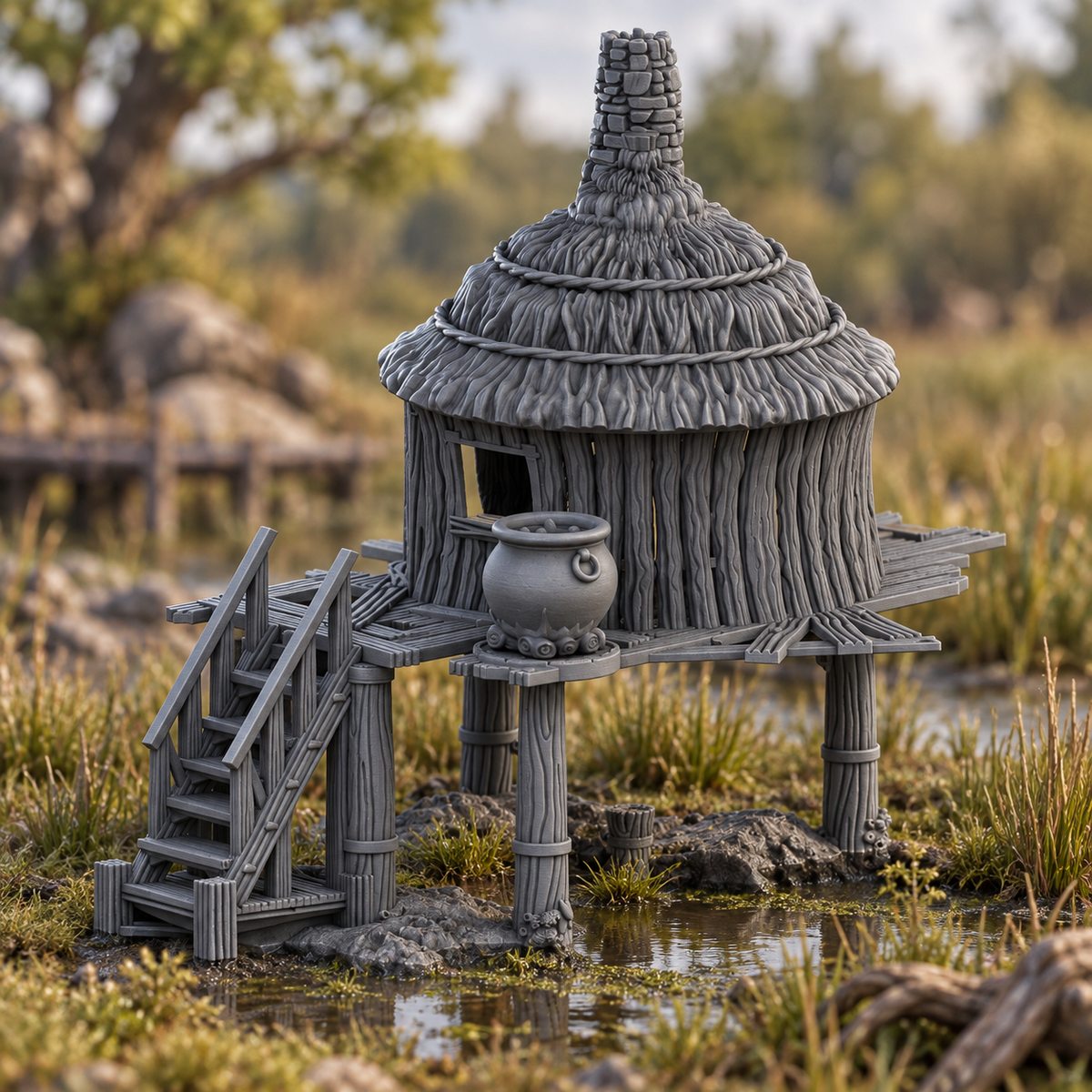 Supplementary product photo for Marsh Witch's Hut 28mm DND Terrain | Tabletop Wargaming Scenery for Warhammer, Frostgrave & RPG | Unpainted 3D Printed in unpainted charcoal grey PLA